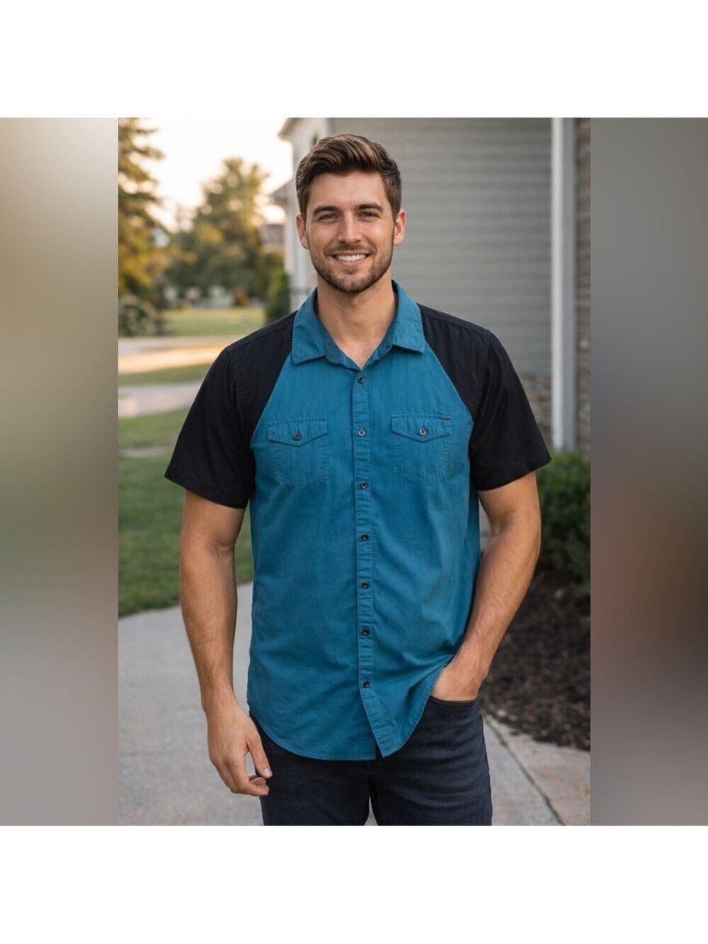 GUESS Men's Blue and Black Casual Shirt
